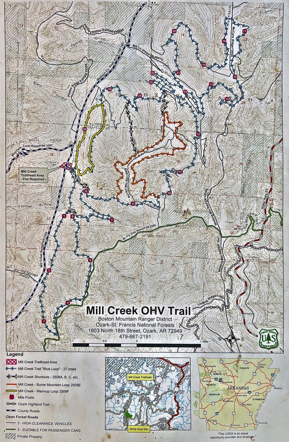 Mill Creek OHV Trail map, Boston Mountain Ranger District, Ozark-St. Francis National Forests, showing the 27-mile Blue Loop, Burrel Mountain Loop 2508E, Warmup Loop 2508F, mile posts and the Mill Creek trailhead